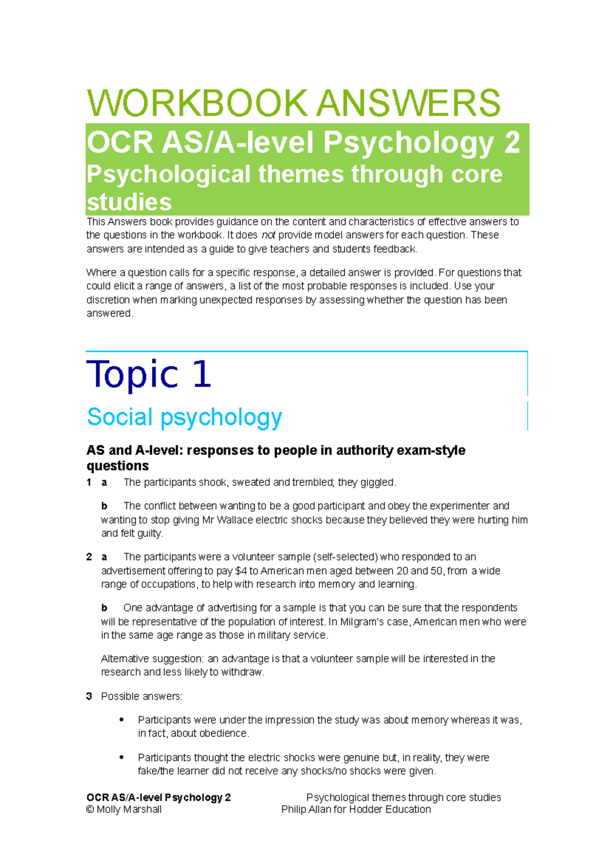 Psychology OCR Psychological themes Workbook Answers - WORKBOOK ANSWERS ...