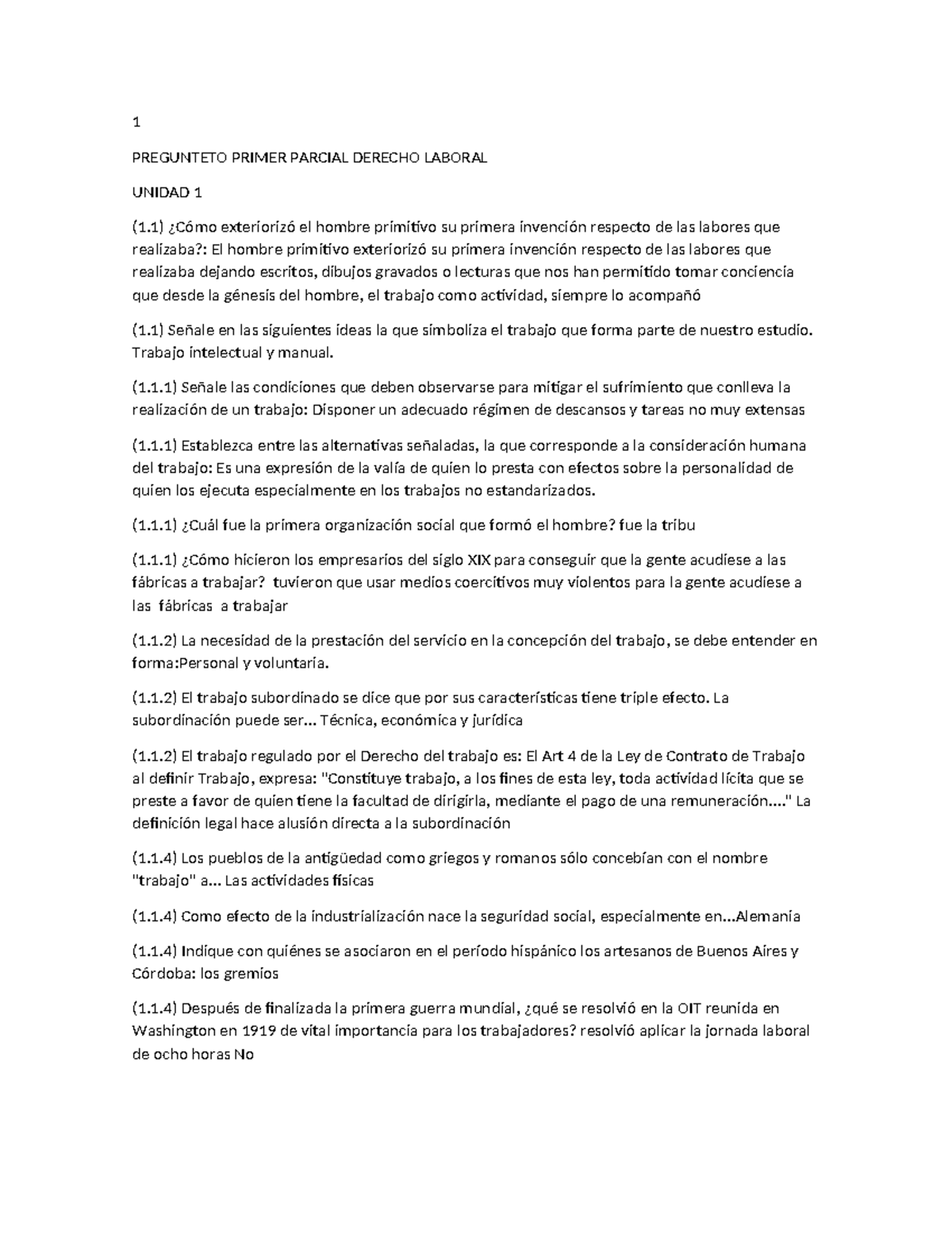 Primer Parcial Derecho Laboral - 1 PREGUNTETO PRIMER PARCIAL DERECHO ...