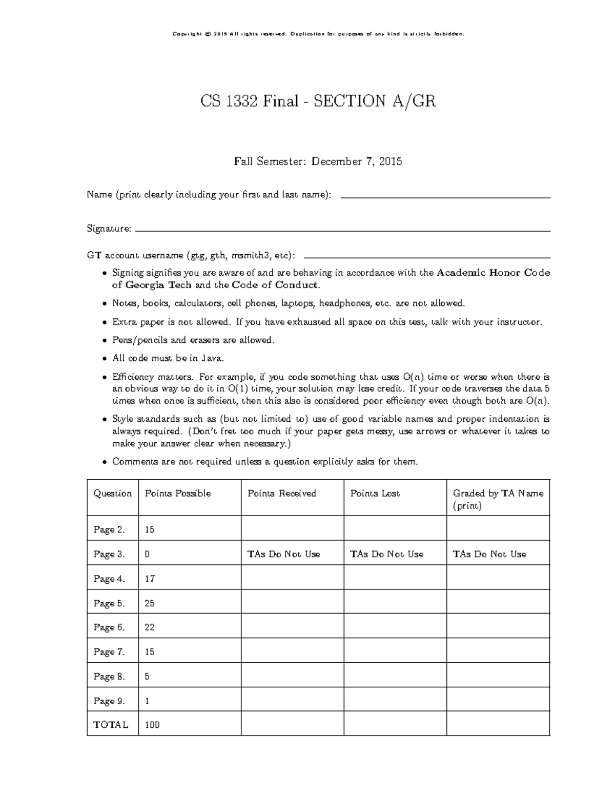 Practice Exam Final 2015 - CS 1332 Final - SECTION A/GR Fall Semester ...