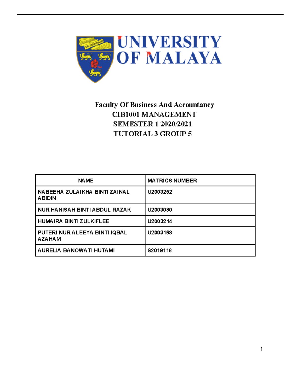 Report business plan - Faculty Of Business And Accountancy CIB1001 ...