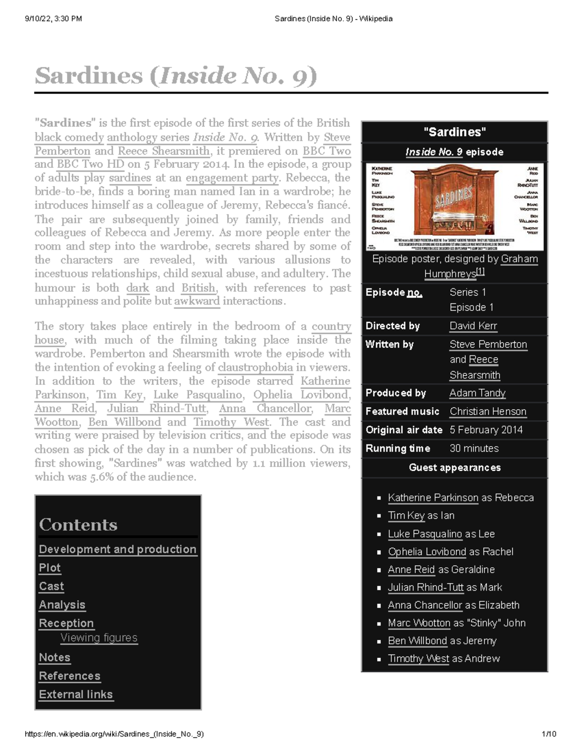 Sardines (Inside No. 9) Wikipedia " Sardines " Inside No. 9 episode Episode poster, Studocu