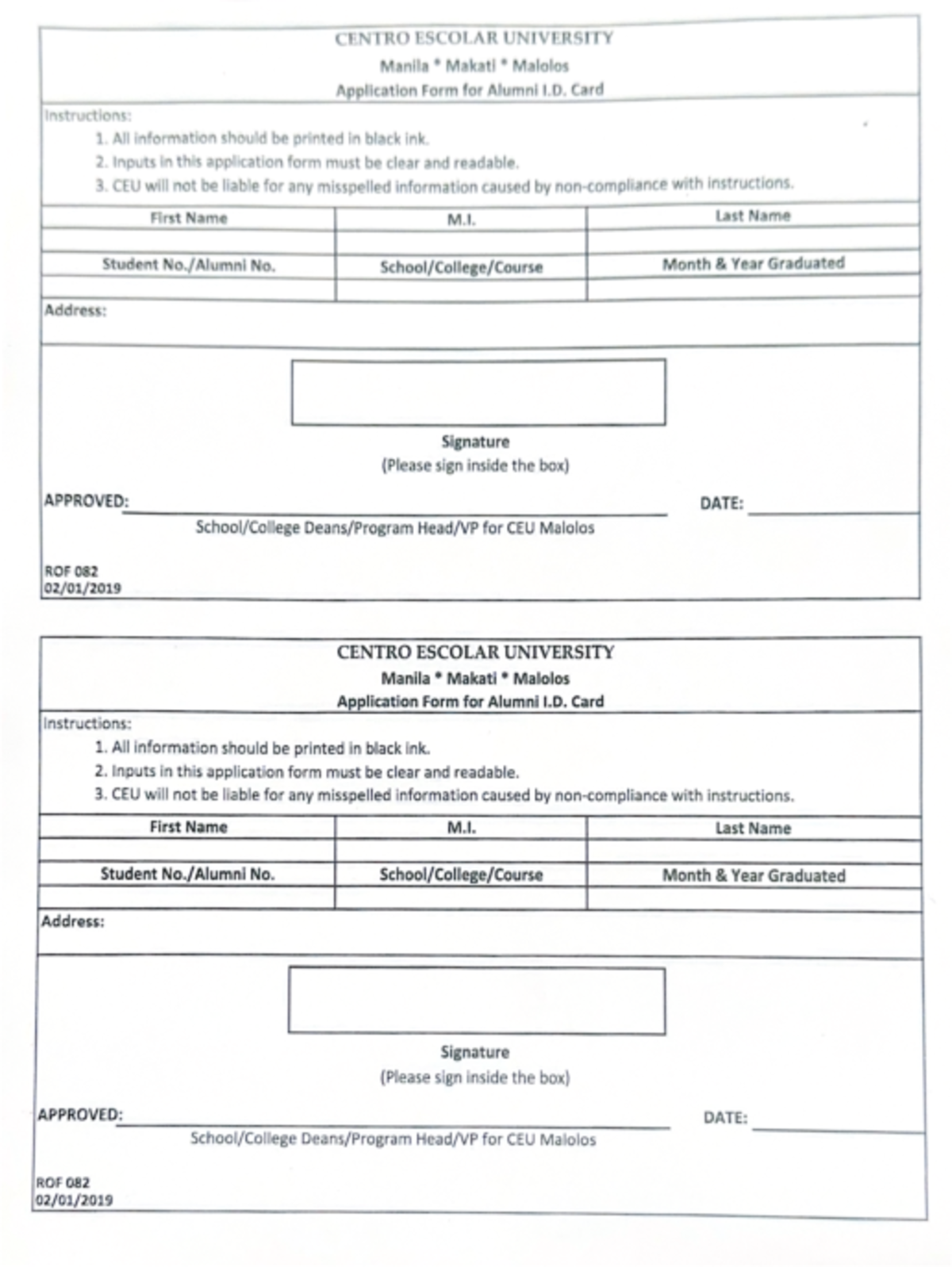 Application Form for Alumni I - Card Instructions: 1. All information ...