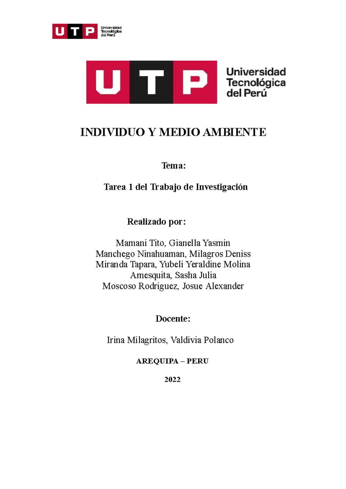 Grupo 8 - Tarea DE Investigacion - INDIVIDUO Y MEDIO AMBIENTE Tema ...