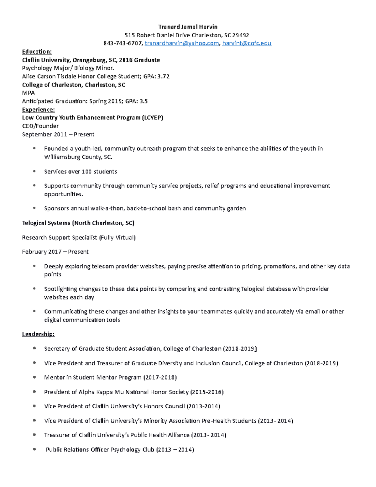 Tranard Jamal Harvin One Page Resume - Tranard Jamal Harvin 515 Robert ...