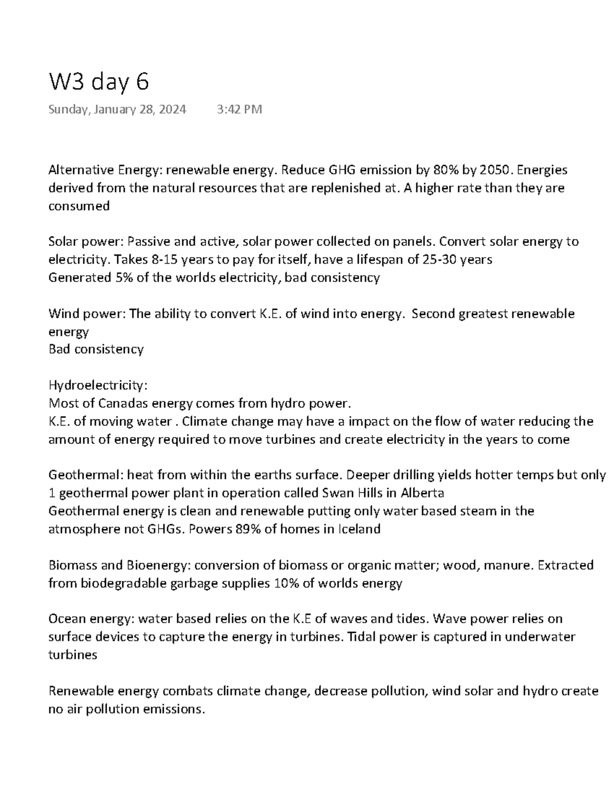 W3 day 6 - notes - Alternative Energy: renewable energy. Reduce GHG ...