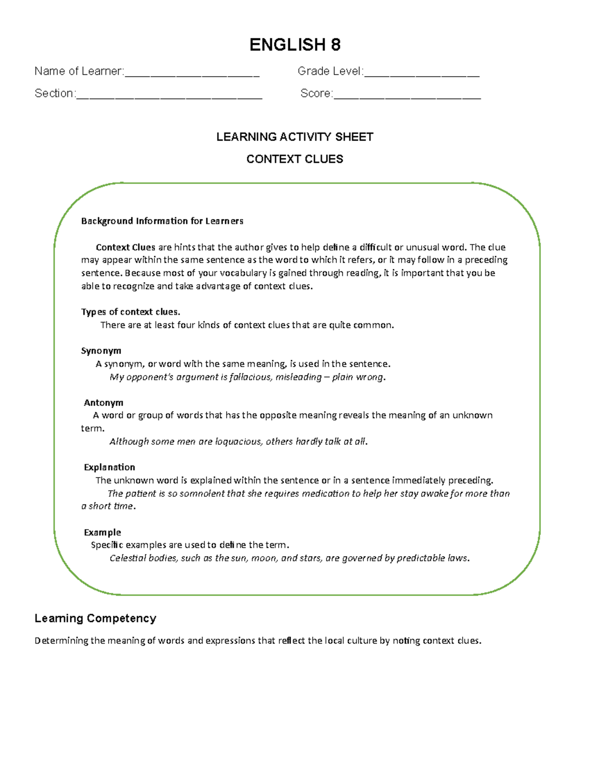 English 8 learning activity sheet - ENGLISH 8 Name of Learner ...