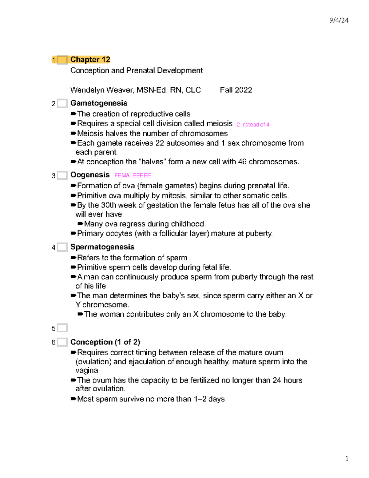 Ob exam 1 - notes - 9/4/ Chapter 12 Conception and Prenatal Development ...