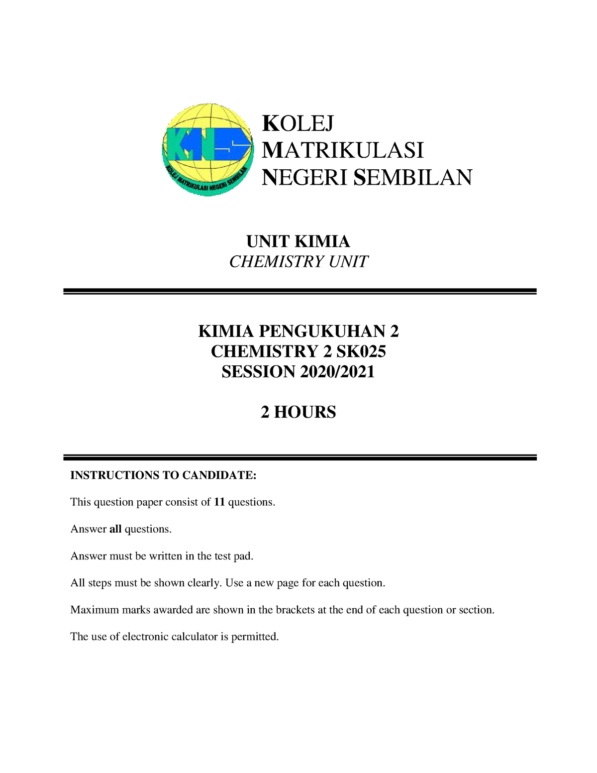 Chemistry - UNIT KIMIA CHEMISTRY UNIT KIMIA PENGUKUHAN 2 CHEMISTRY 2 SK ...