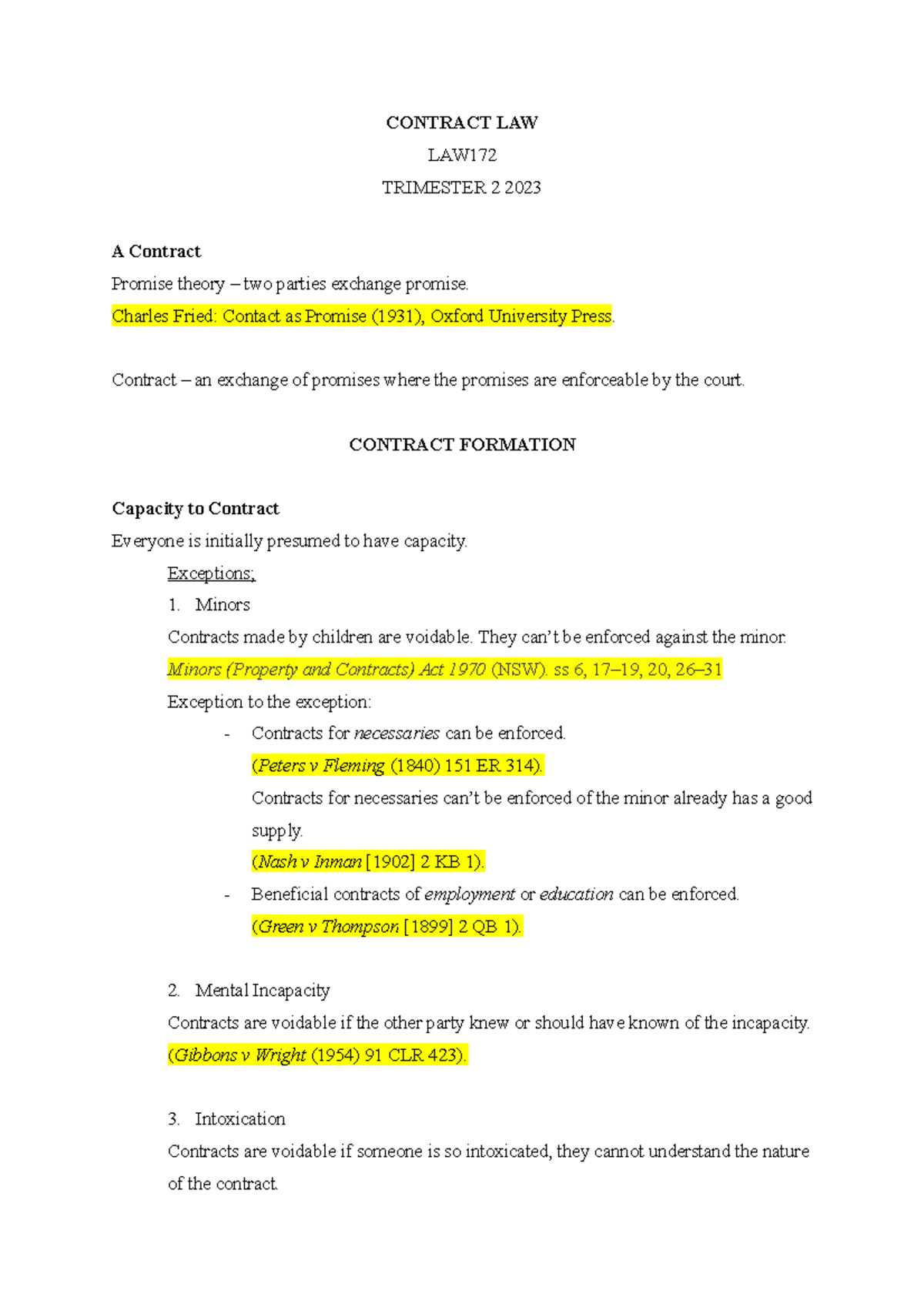 Exam Notes - Contracts - CONTRACT LAW LAW TRIMESTER 2 2023 A Contract ...