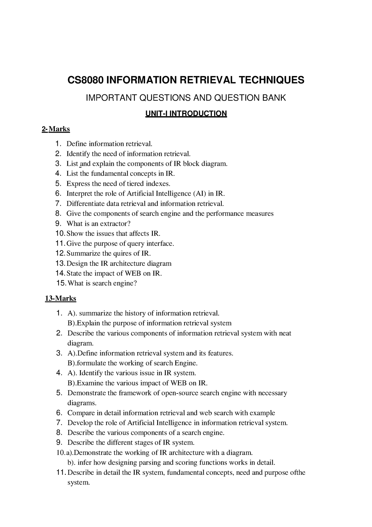 CS8080-Question Bank - Nill - CS8080 INFORMATION RETRIEVAL TECHNIQUES ...