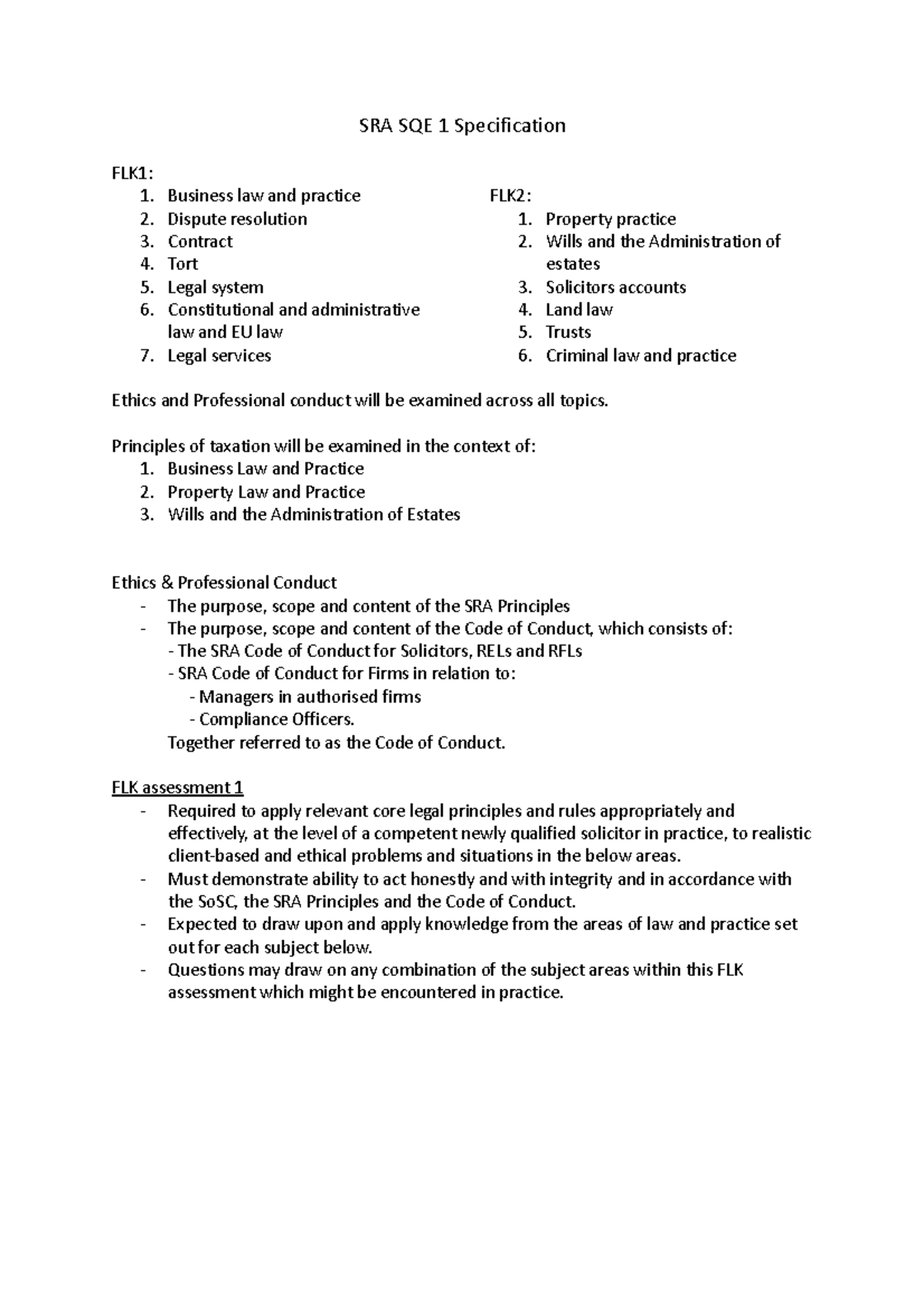 SRA SQE 1 Specification - SRA SQE 1 Specification FLK1: Business Law ...