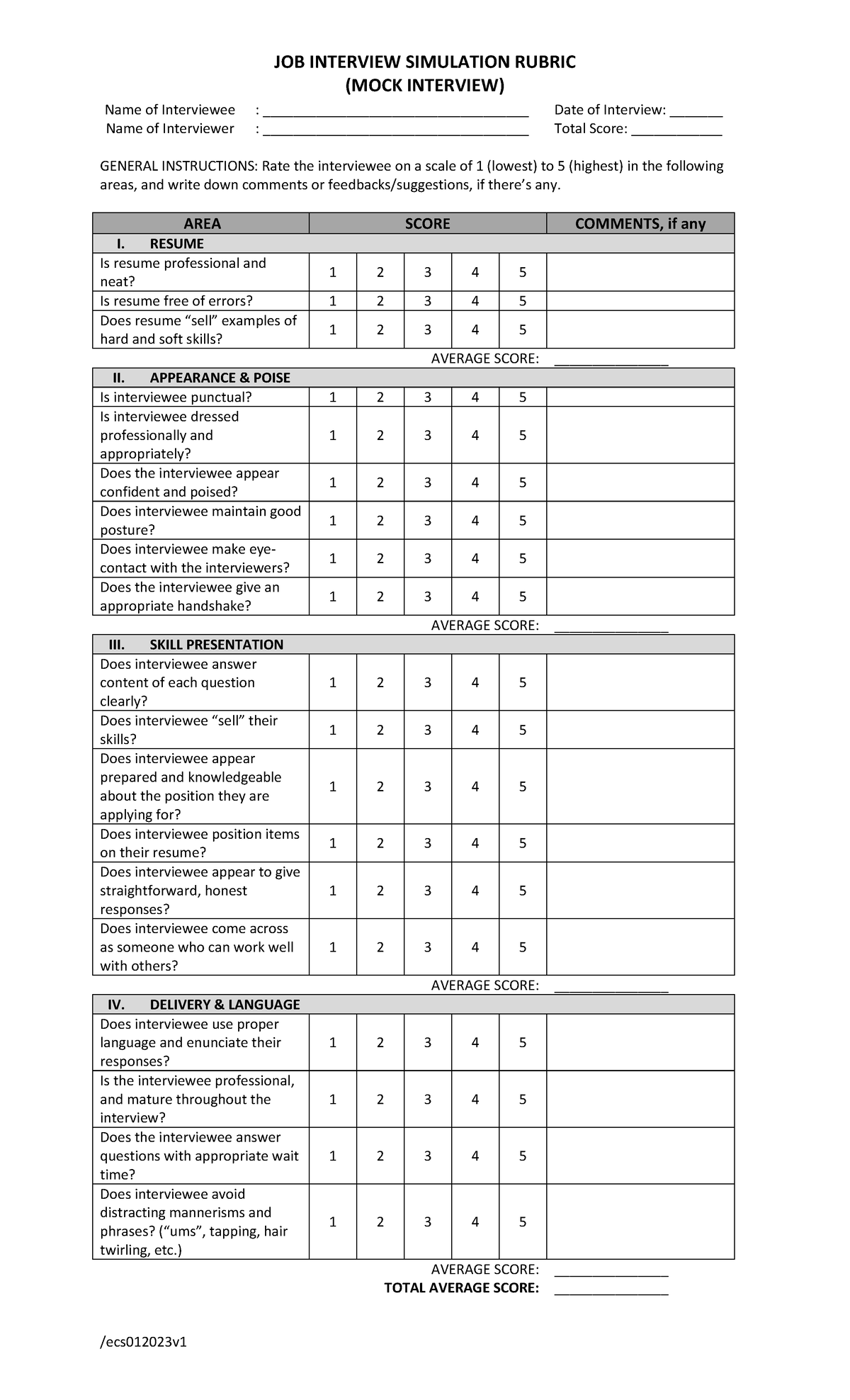 5f - overview - JOB INTERVIEW SIMULATION RUBRIC (MOCK INTERVIEW ...