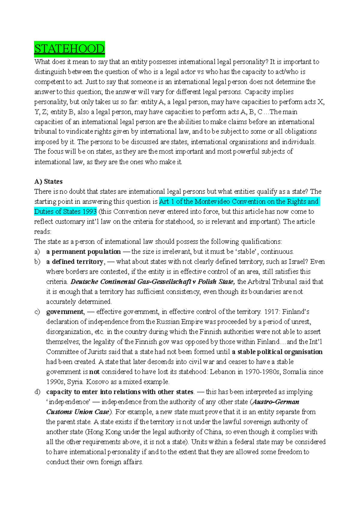 IL EXAM Summary for entire semester STATEHOOD What does it mean to