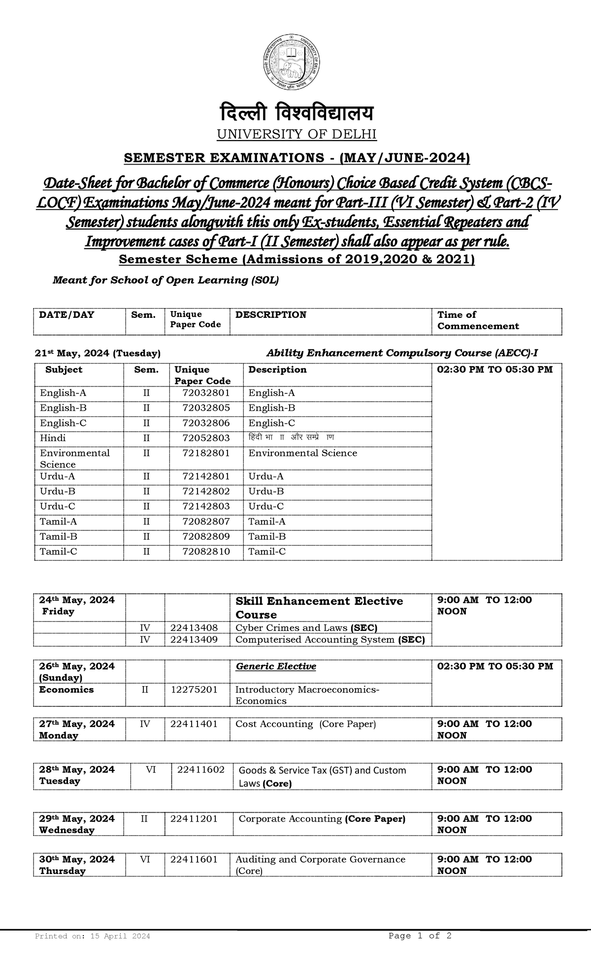 SOL datesheet Printed on 15 April 2024 Page 1 of 2 fnYyh fo’ofoky