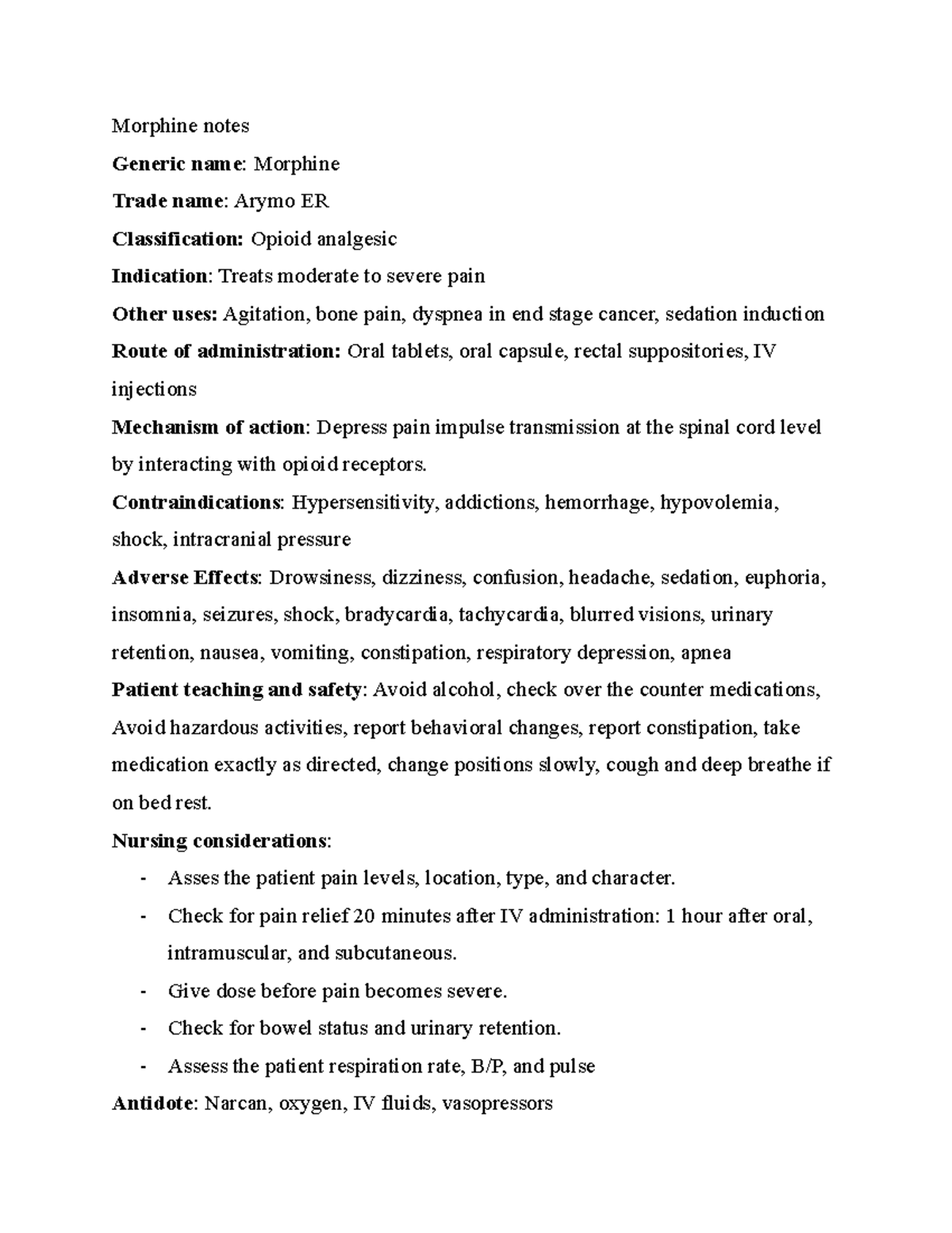 Morphine pharmacology notes - Morphine notes Generic name : Morphine ...