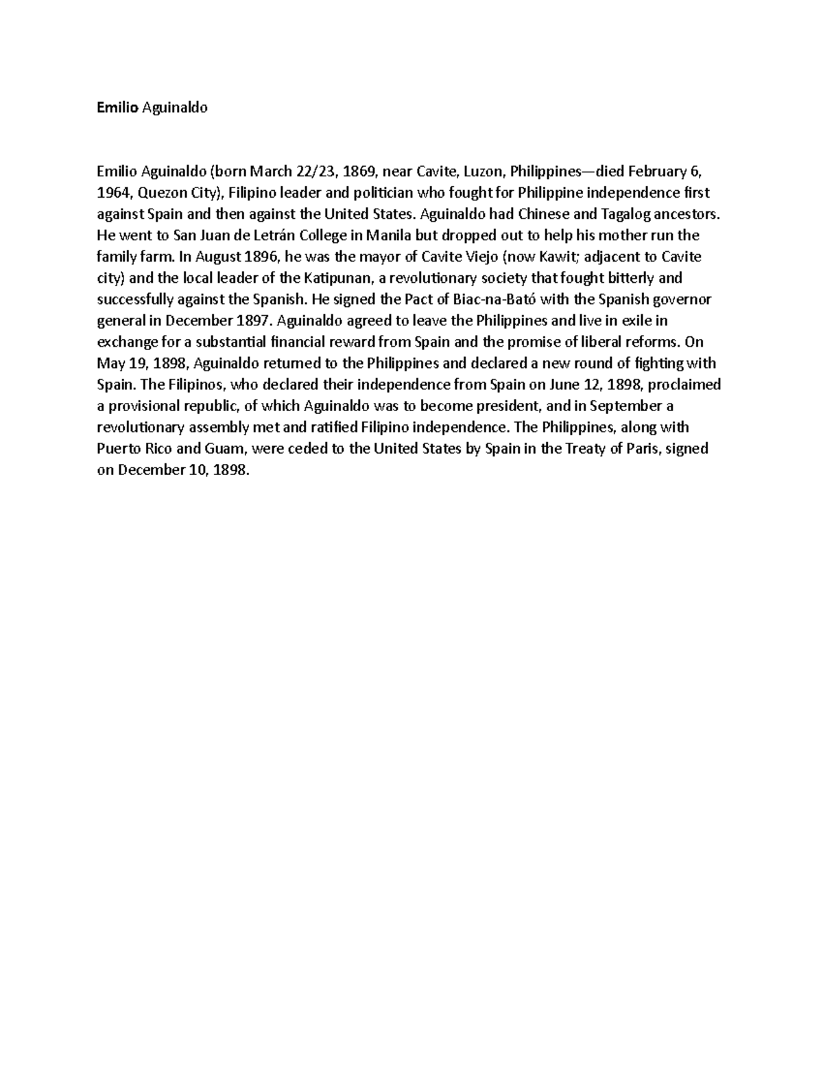 Aguinaldo - N/A - Emilio Aguinaldo Emilio Aguinaldo (born March 22/23 ...