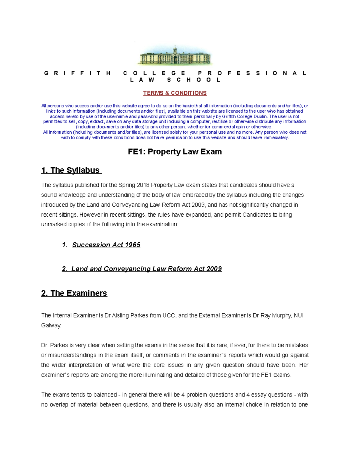 FE1 Property Law Exam Overview G R I F F I T H C O L L E G E P R O F