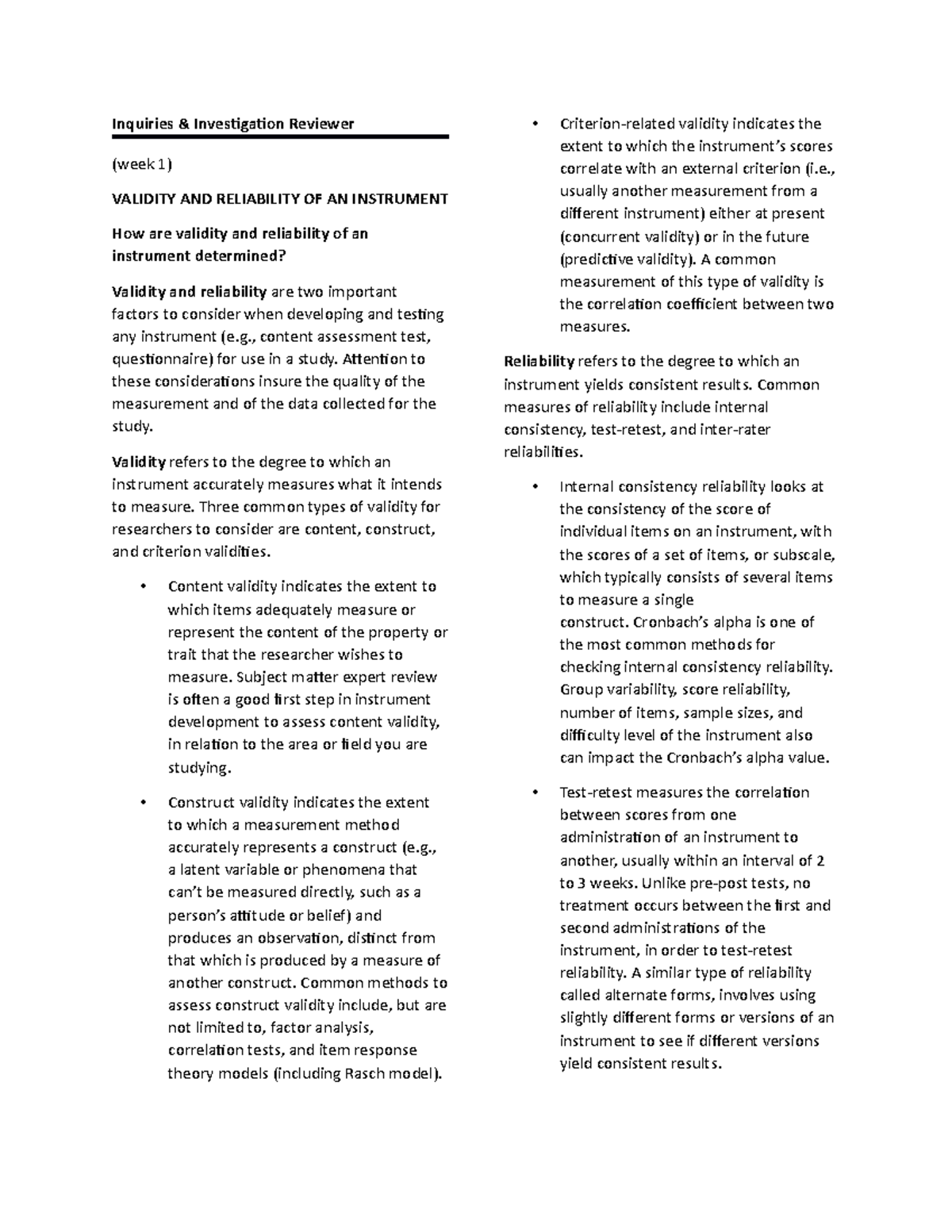 II- Validity AND Reliability - Inquiries & Investigation Reviewer (week ...