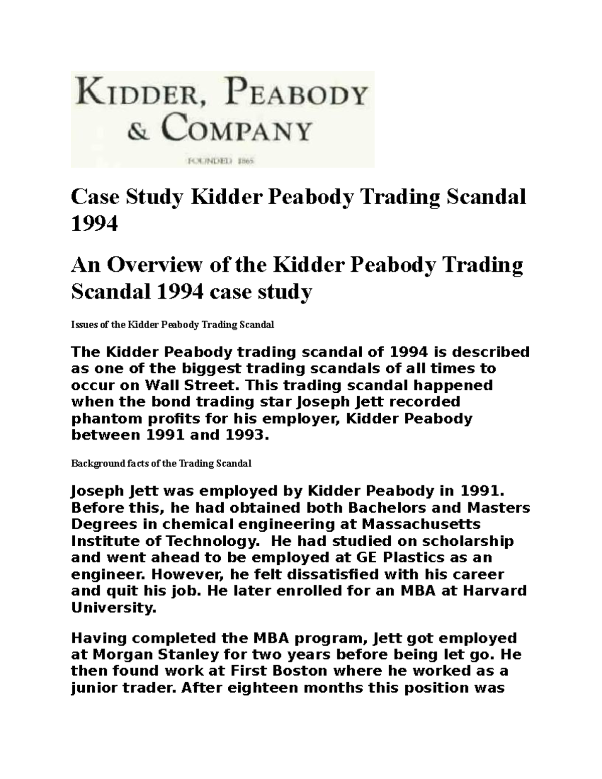 KIDDER PEABODY CASE A BRIEF ABOUT THEM Case Study Kidder Peabody