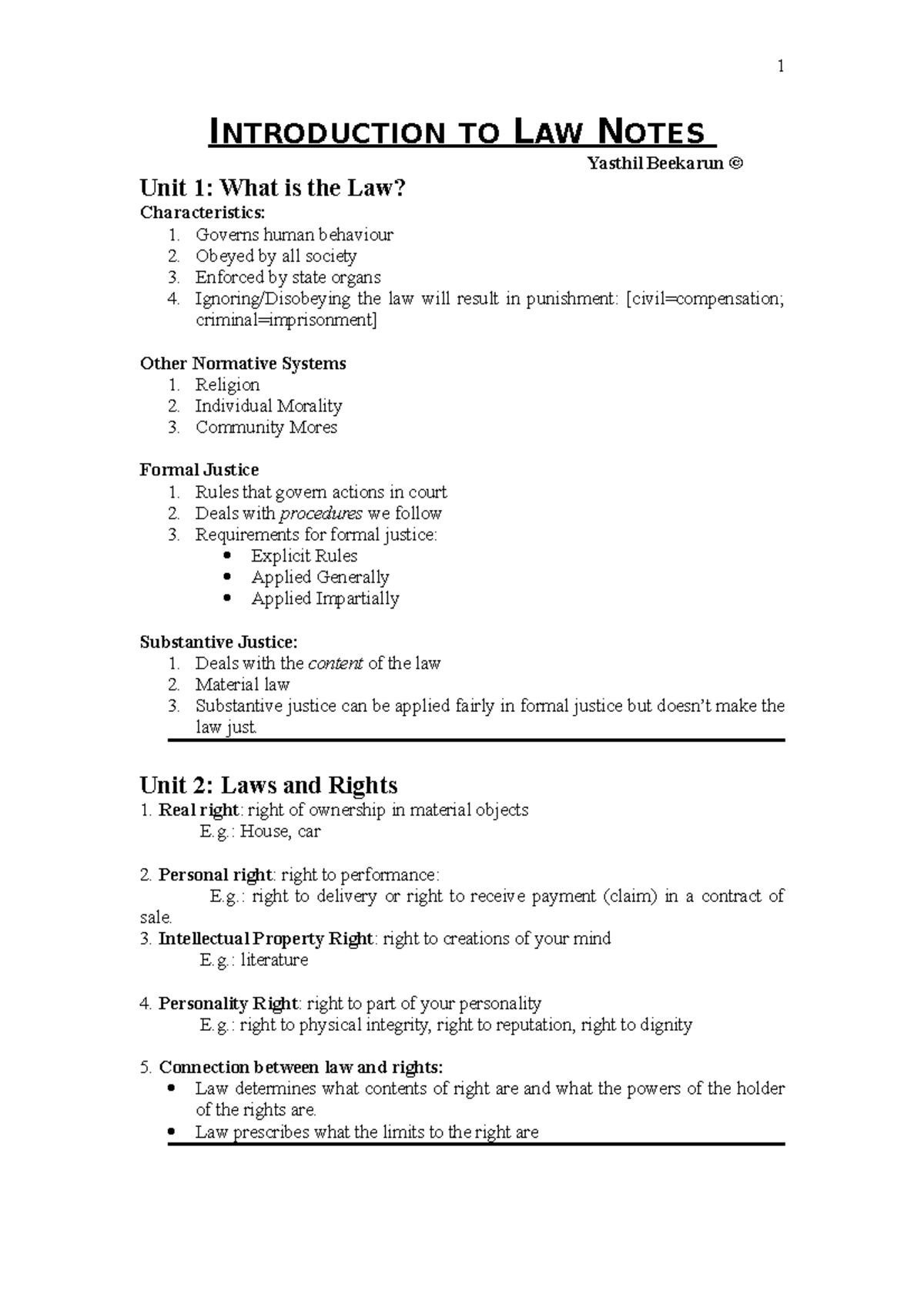 ILW-study-notes - INTRODUCTION TO LAW NOTES Yasthil Beekarun © Unit 1 ...
