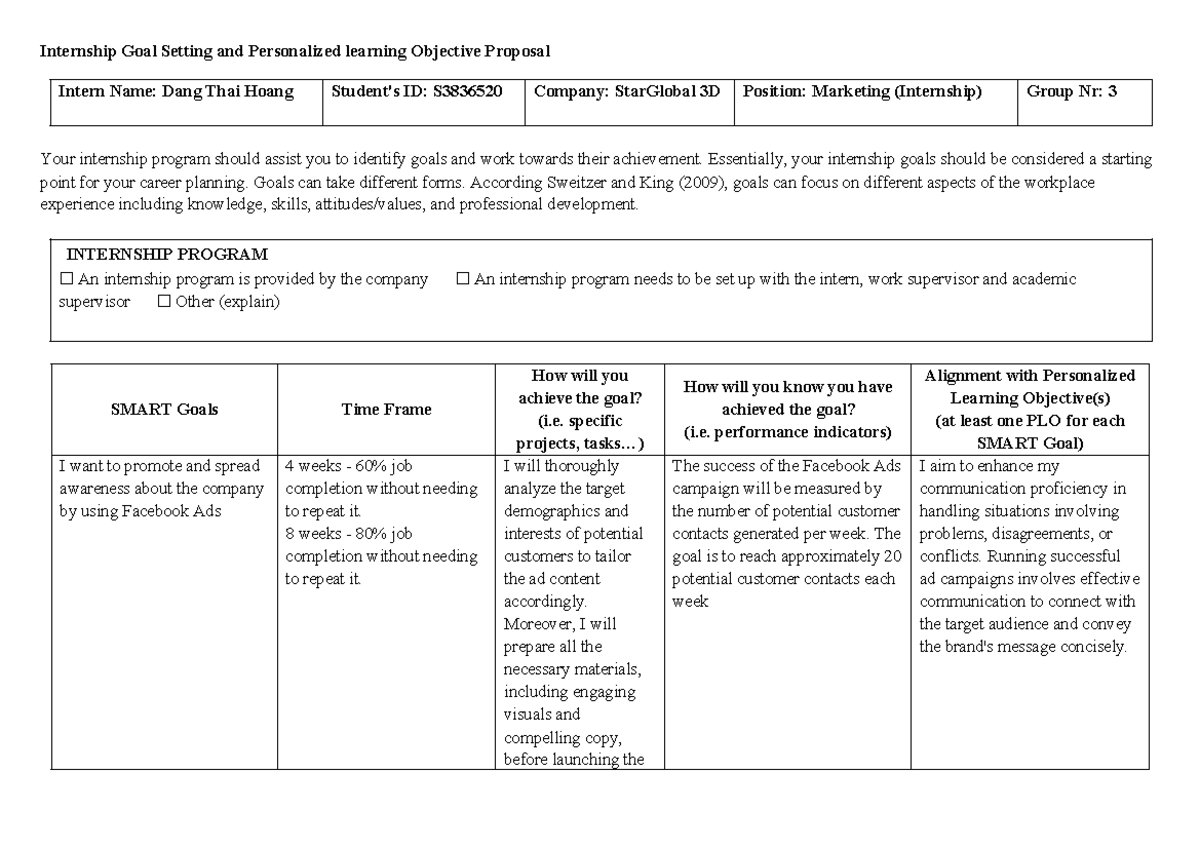 Dang Thai Hoang S3836520 Workplace Learning Goals - Internship Goal ...