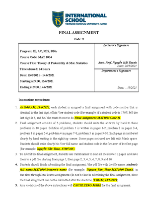 Final Assignment MAT1004 Code 2 - FINAL ASSIGNMENT Code: 2 Program: IB ...