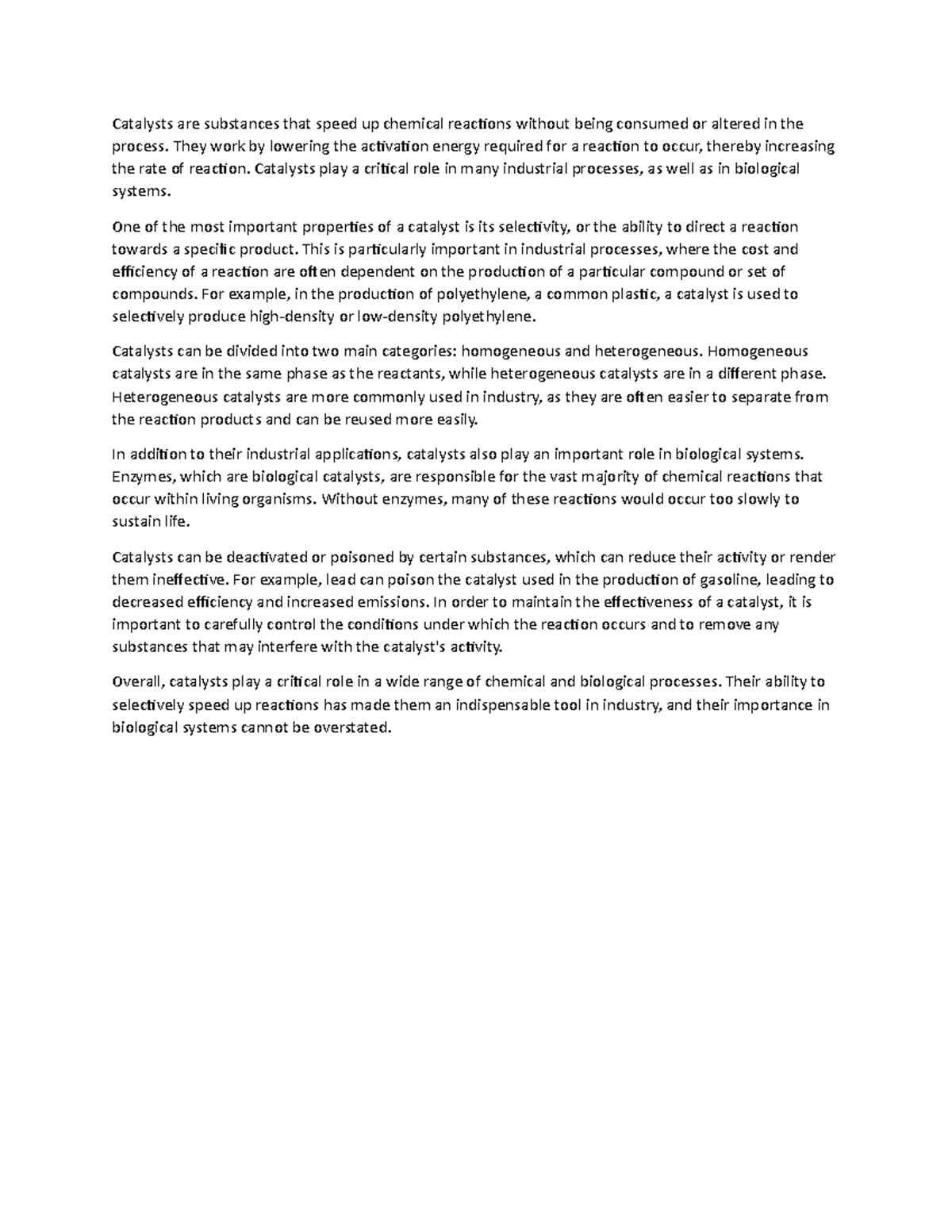 Bio Notes Catalysts Catalysts are substances that speed up chemical