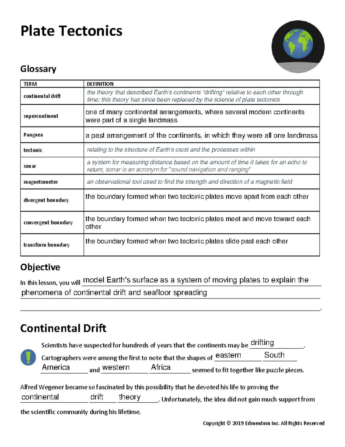 Geology Guided Notes Plate Tectonics Plate Tectonics Glossary TERM DEFINITION continental