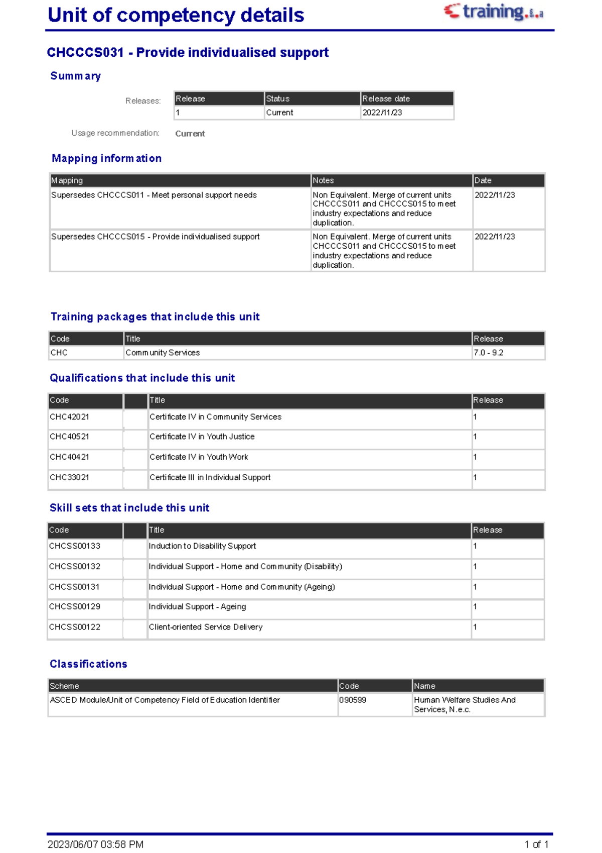 Chcccs 031 1 summary - Cert III in Individual Support Aging - Unit of ...