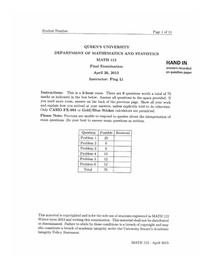 MATH112F Assignment 1 - MATH 112 Assignment 1 due date: September 28 ...