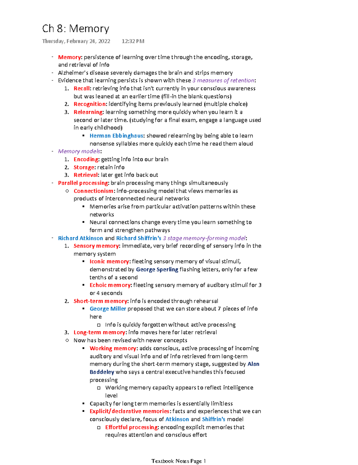 Ch 8 Memory Textbook notes from Introduction to Psychology Memory