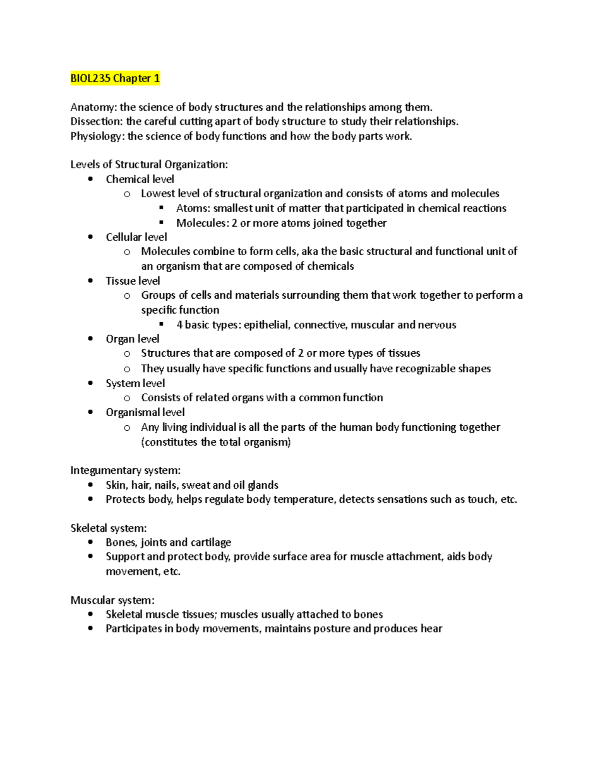 BIOL235 Chapter 1 Notes - BIOL235 Chapter 1 Anatomy: the science of ...