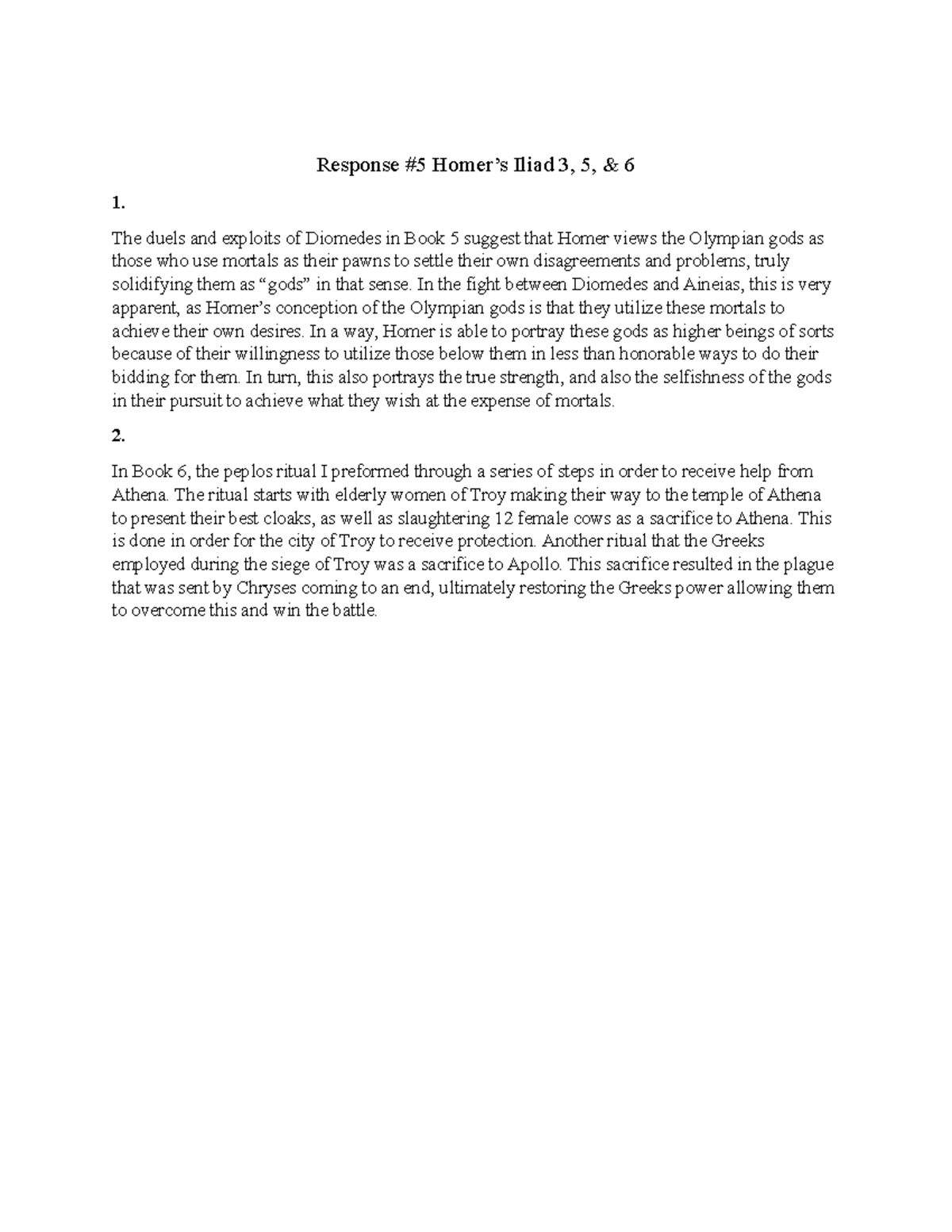 Response 5 Iliad Odessey CLCV 115 UIUC Response 5 Homer’s Iliad 3