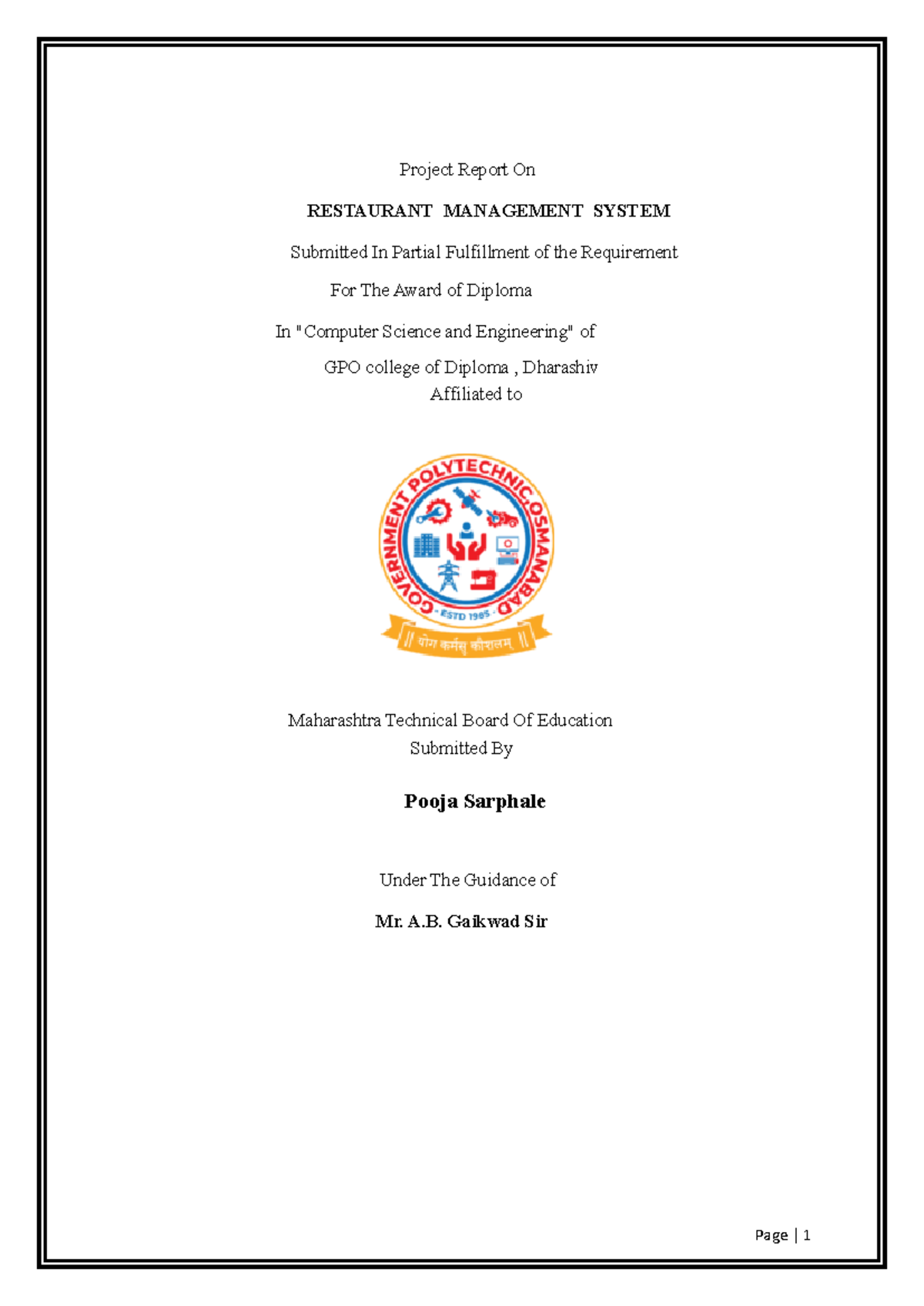 AJP Micropoject - ajp - Project Report On RESTAURANT MANAGEMENT SYSTEM ...