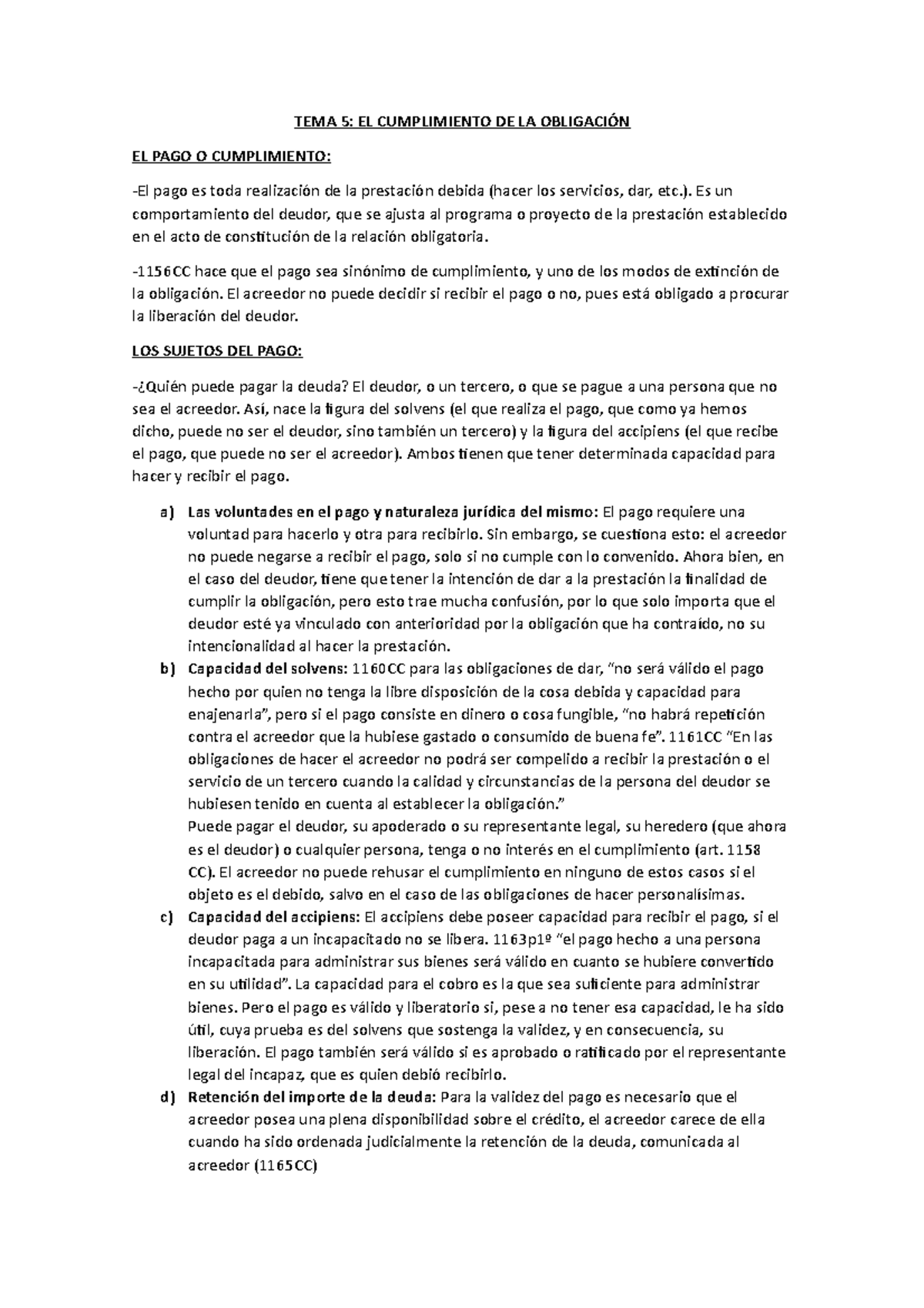 Tema 5 - Apuntes 5 - TEMA 5: EL CUMPLIMIENTO DE LA OBLIGACIÓN EL PAGO O ...