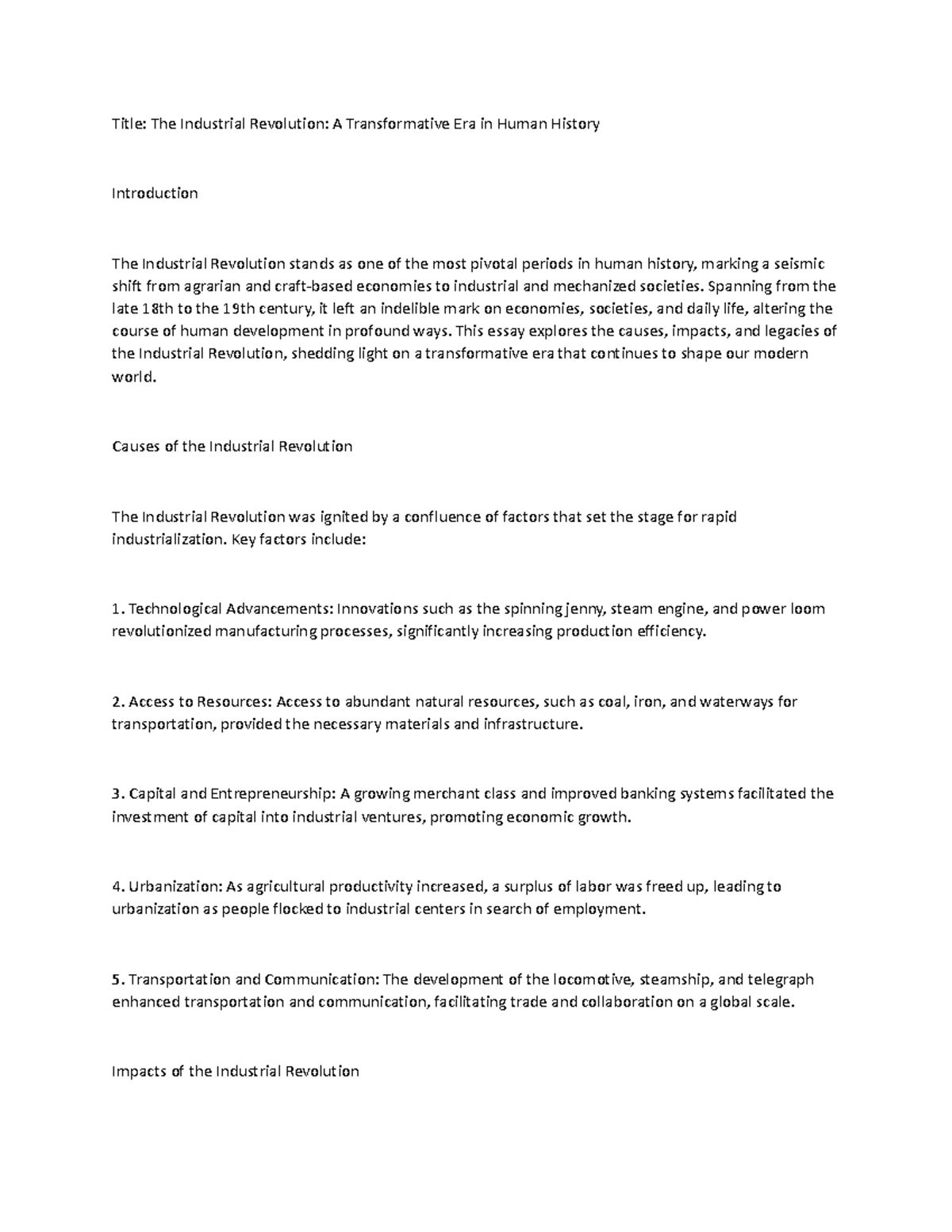 History essay 2 - Good luck - Title: The Industrial Revolution: A ...