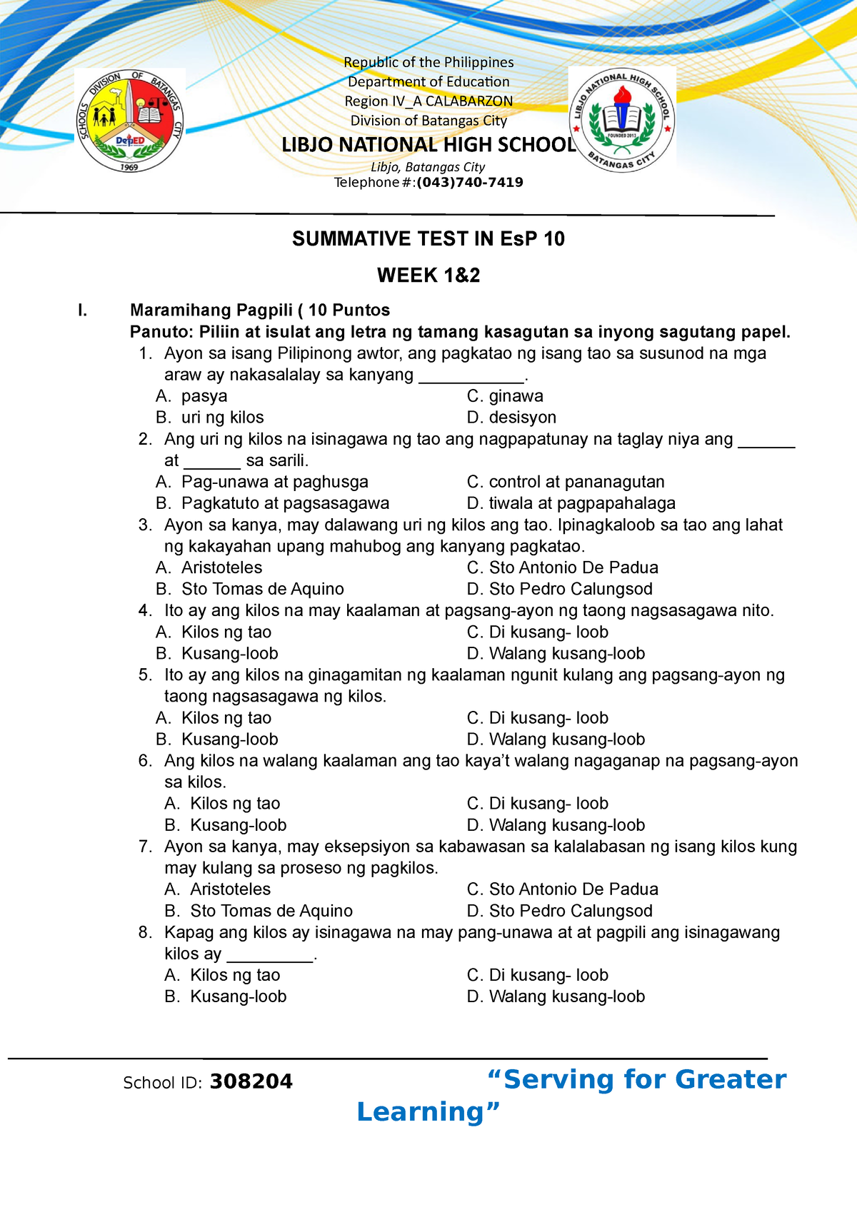 Summative Test Test Department Of Education Region Iva Calabarzon Division Of Batangas City 7920