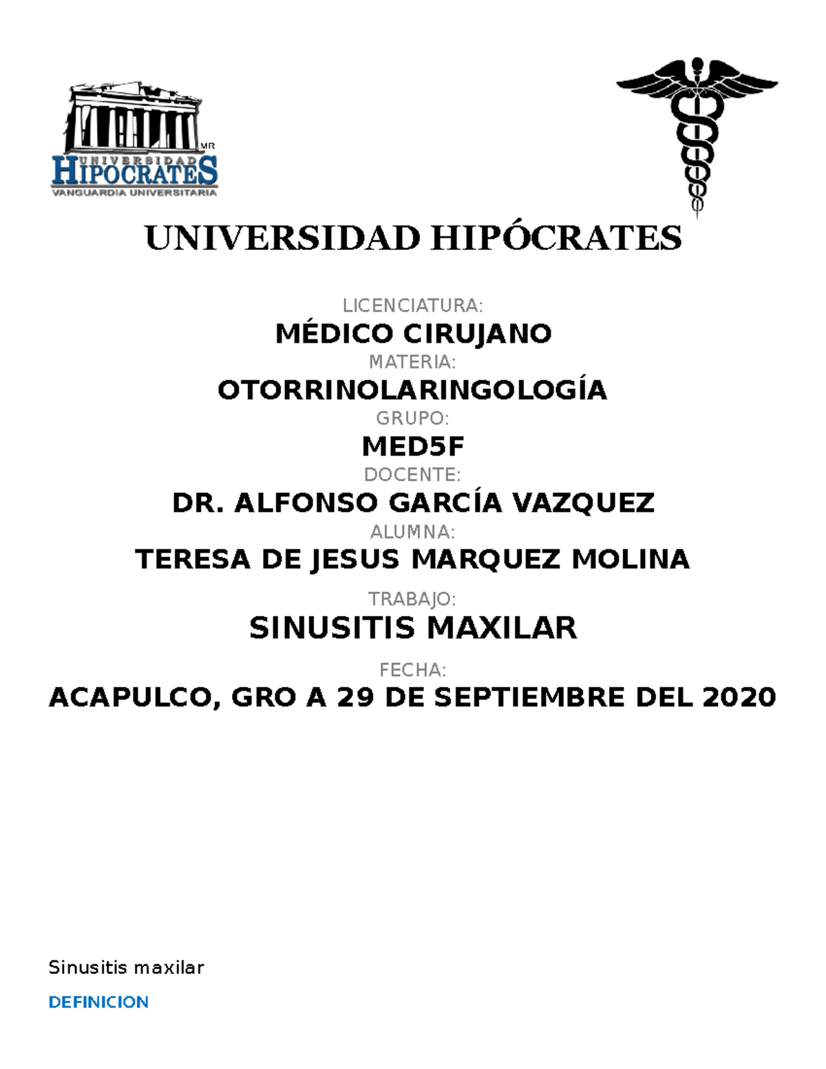 Sinusitis Medicamentosa UNIVERSIDAD HIPÓCRATES LICENCIATURA MÉDICO CIRUJANO MATERIA Studocu