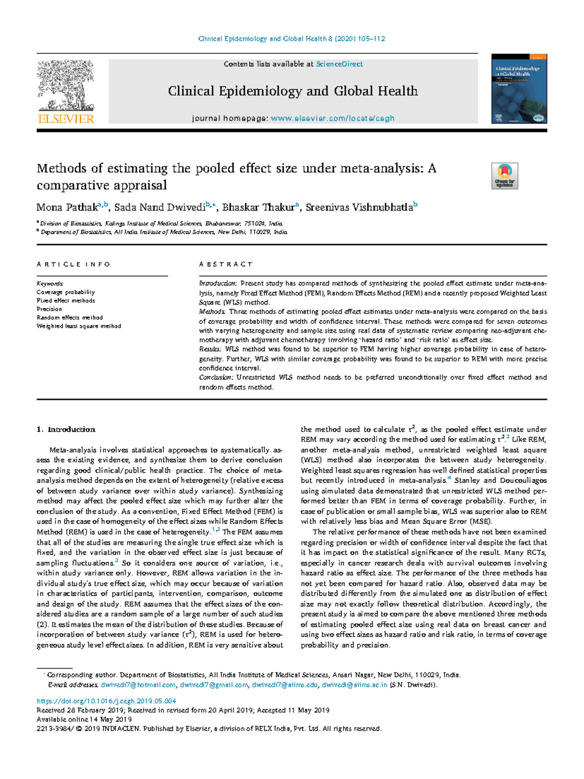 Methods of estimating the pooled effect - Contents lists available at ...