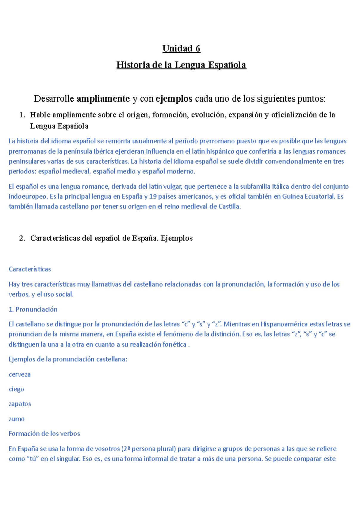 Guia De Preguntas Sobre El Espa Ã±ol - Unidad 6 Historia De La Lengua ...