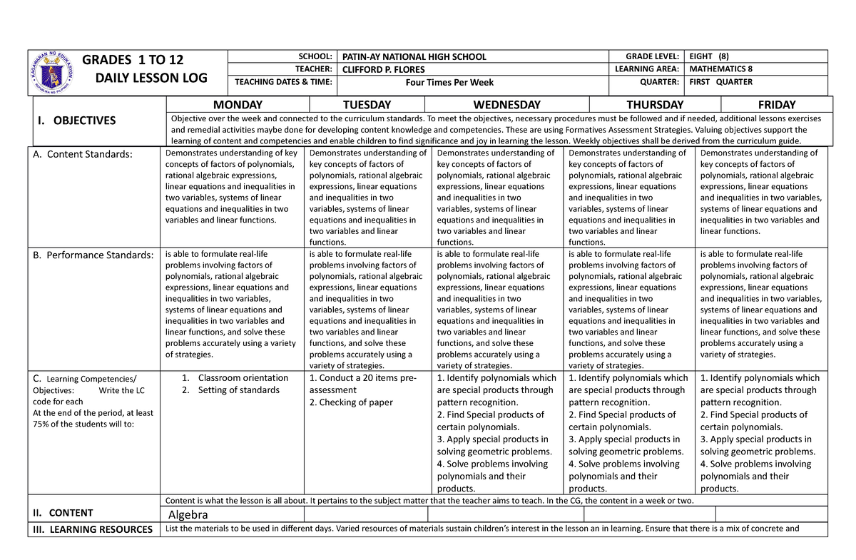 DLL MATH 8 Q1 - DLL_MATH 8_Q1.docx - GRADES 1 TO 12 DAILY LESSON LOG ...