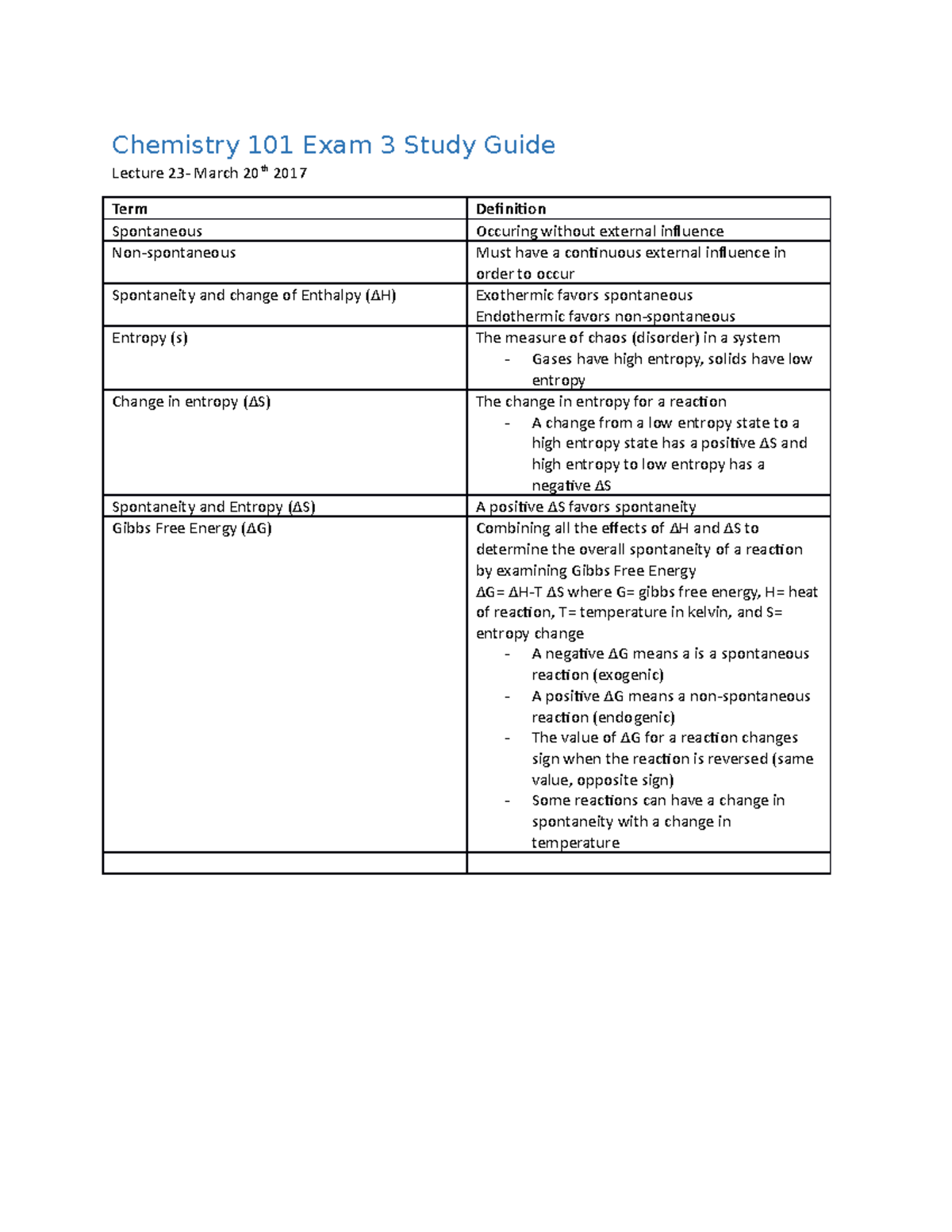 Chem 101 Exam 3 Study Guide - Chemistry 101 Exam 3 Study Guide Lecture Sns-Brigh10