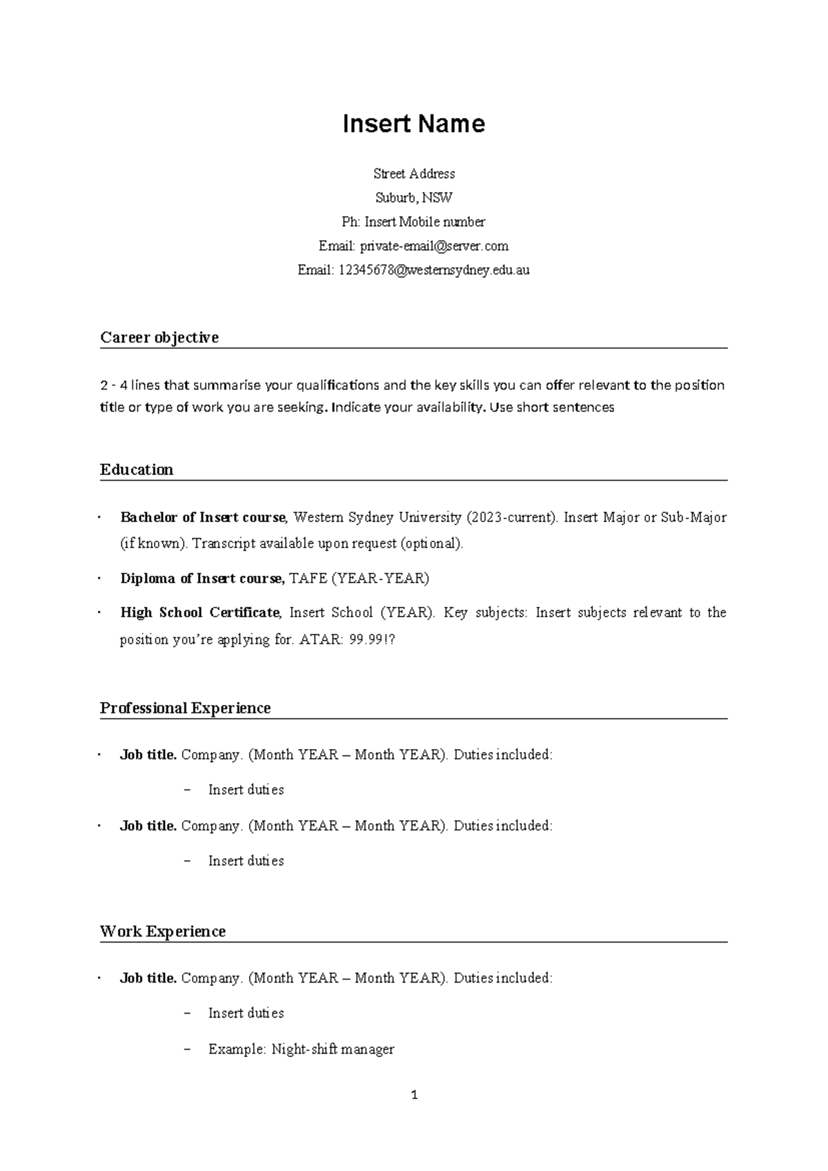 Construction Communication CV Template - Insert Name Street Address ...