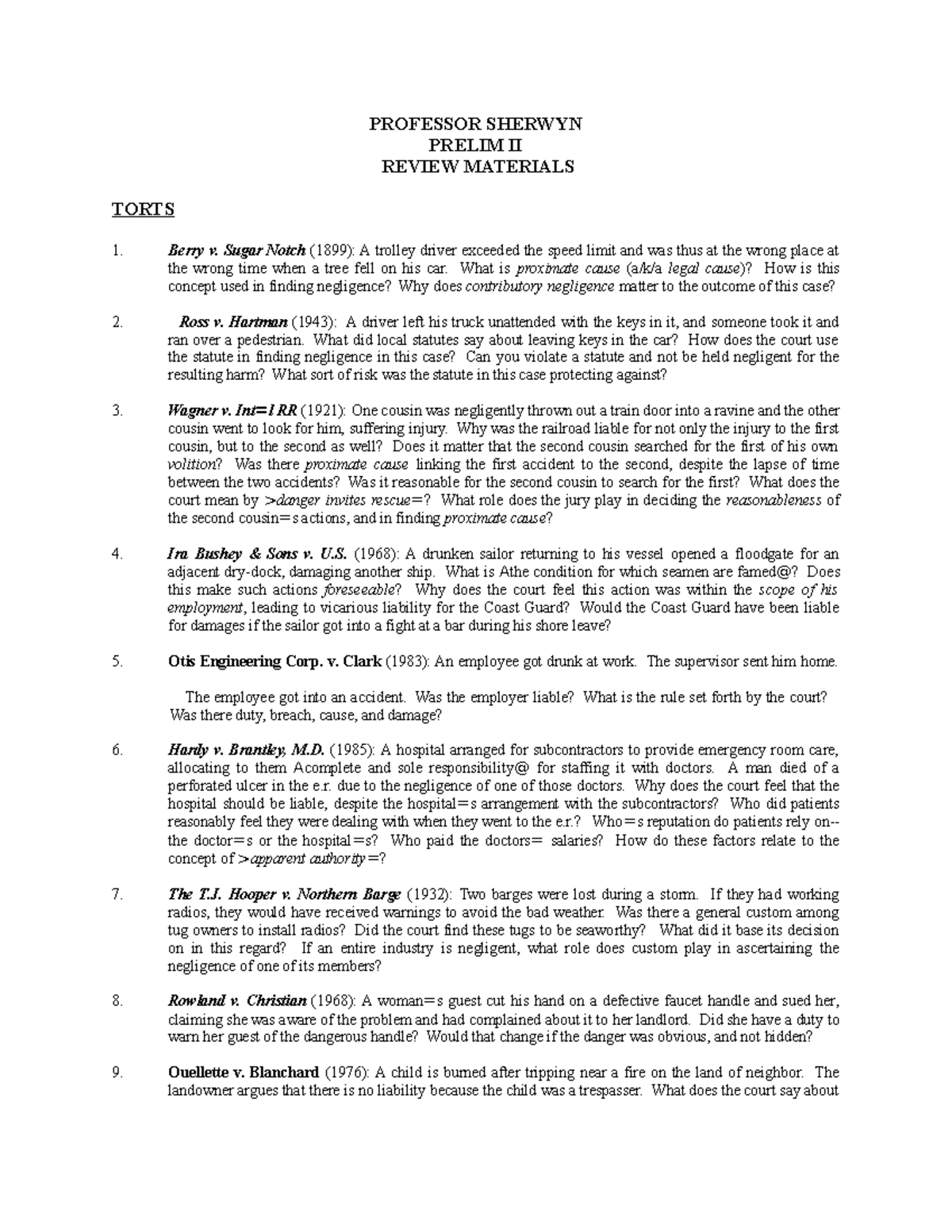 Prelim II Review sheet F10 PROFESSOR SHERWYN PRELIM II REVIEW