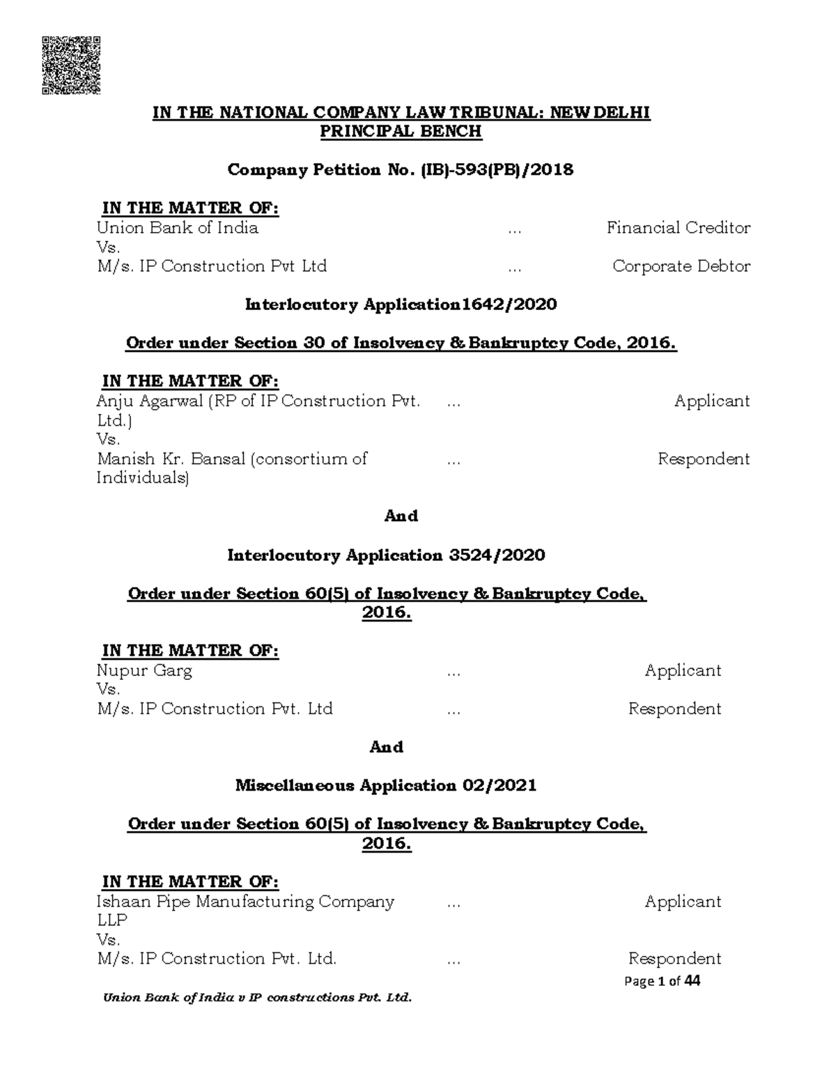 Resolution plan case - Page 1 of 44 IN THE NATIONAL COMPANY LAW ...