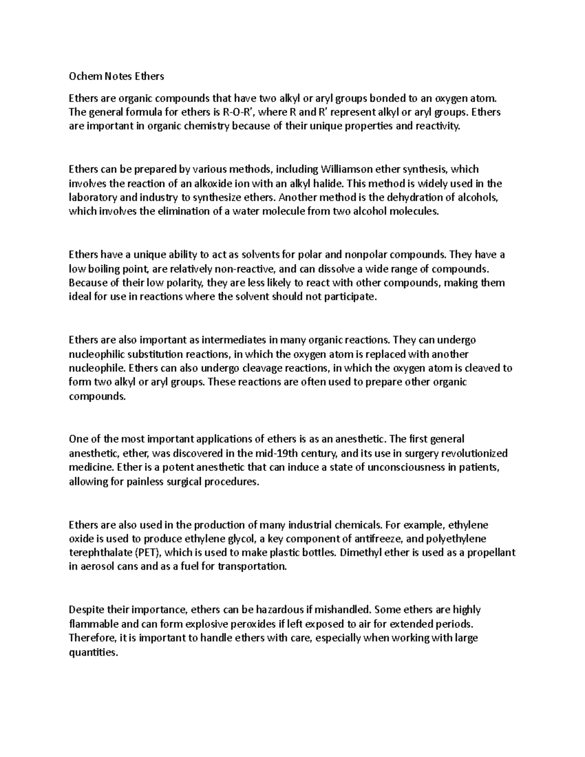 Ochem Notes Ether 1 - Ochem Notes Ethers Ethers are organic compounds ...
