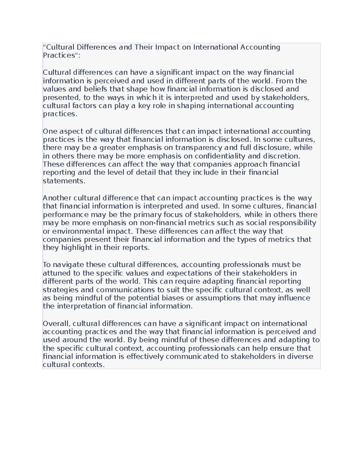 Cultural Differences and Their Impact on International Accounting ...
