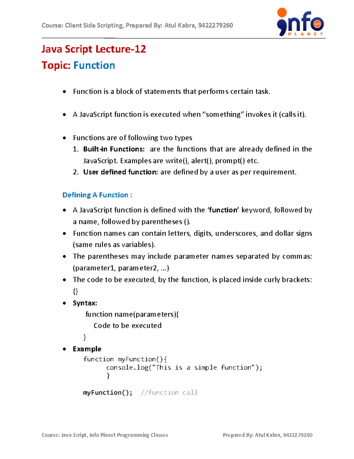 CSS Lec-12 Function - java - Java Script Lecture- Topic: Function ...