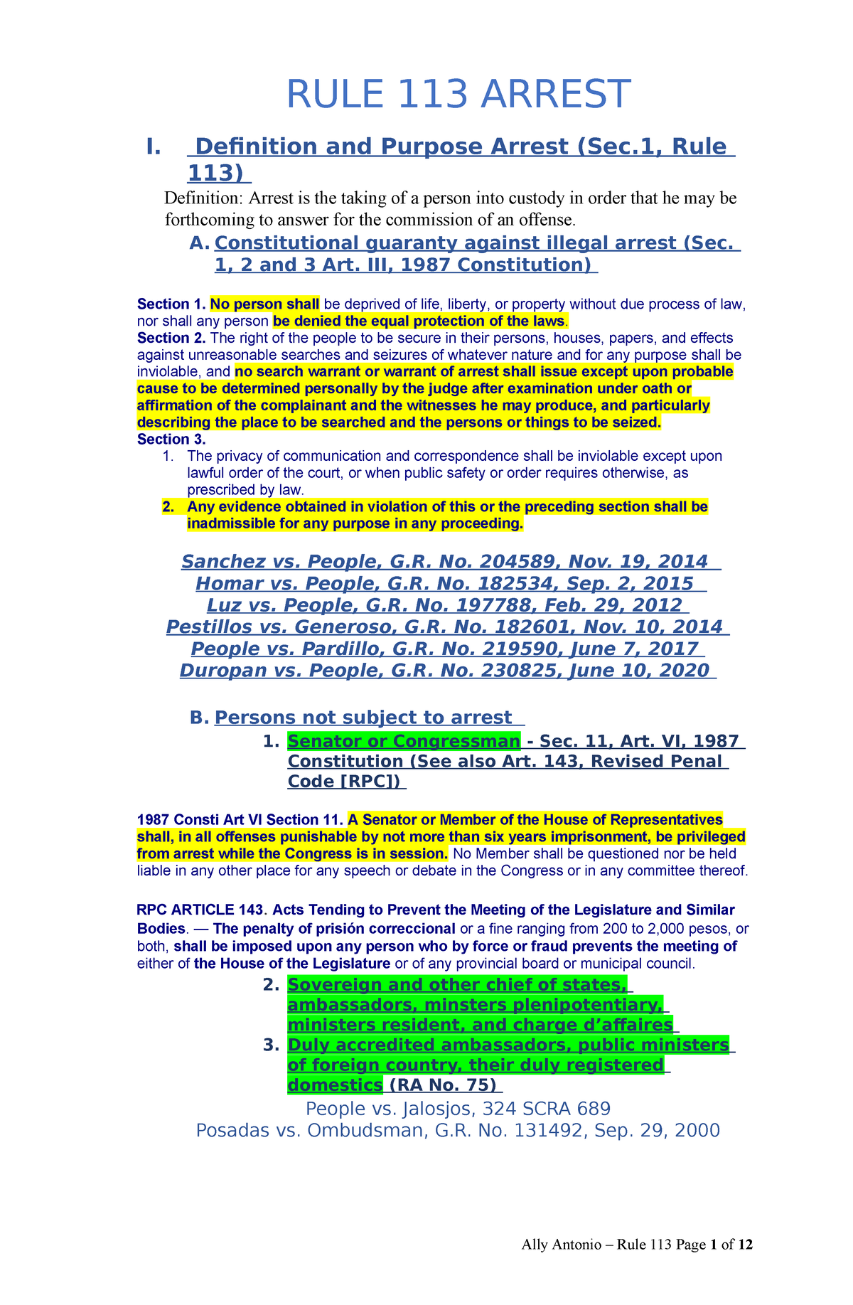 Rule-113 - 1st year - RULE 113 ARREST I. Definition and Purpose Arrest ...