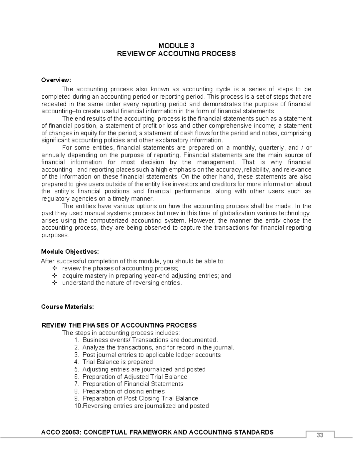 Module 3 Review of Accounting Process CFAS MODULE 3 REVIEW OF